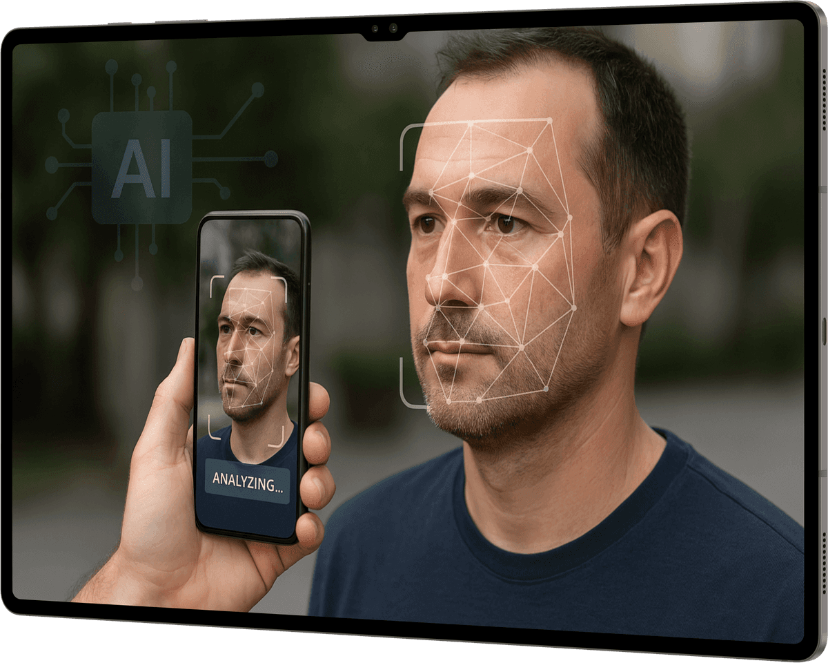 Система биометрической идентификации на основе ИИ: пользователь сканирует лицо мужчины с помощью смартфона для верификации личности. 