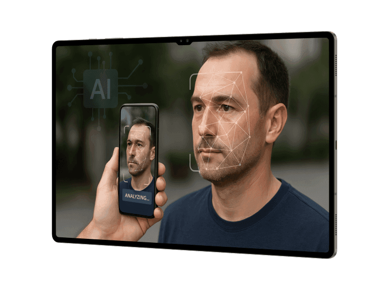 Система биометрической идентификации на основе ИИ: пользователь сканирует лицо мужчины с помощью смартфона для верификации личности. 