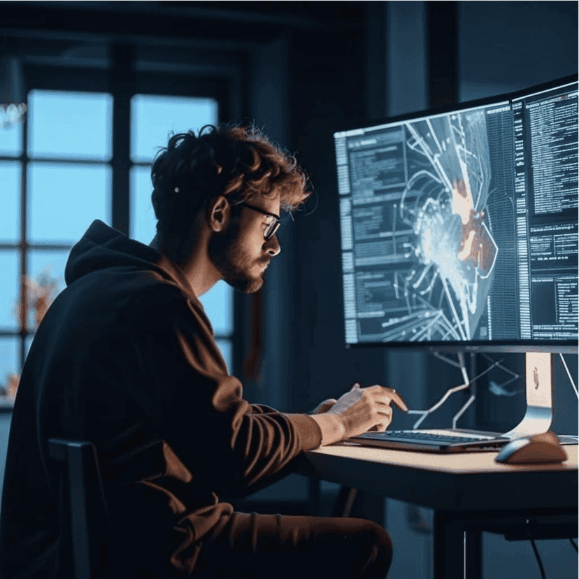 Иллюстрация в футуристическом стиле:  сотрудник за компьютером.