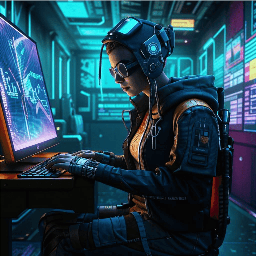 Иллюстрация в футуристическом стиле: разработчик за компьютером.