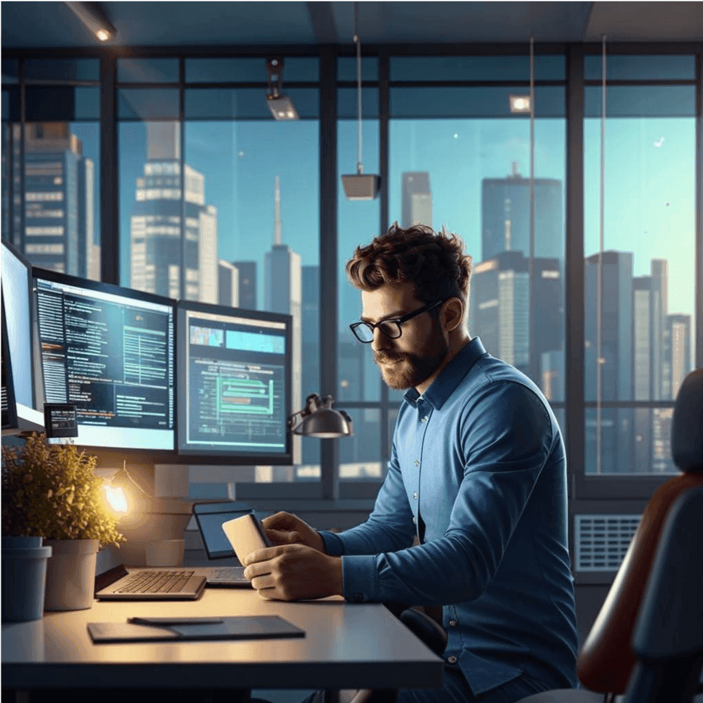 Иллюстрация в футуристическом стиле:  разработчик за экранами.