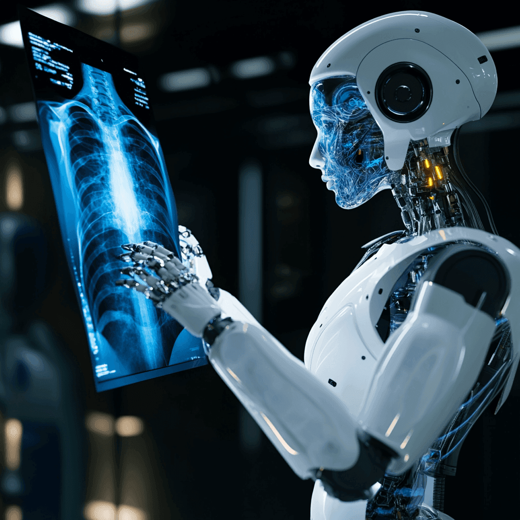 Робот изучает медицинский снимок: иллюстрация в футуристическом стиле. 
