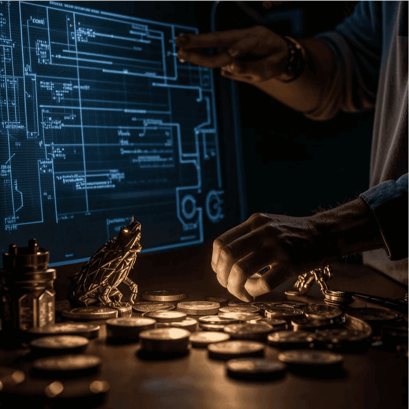 Иллюстрация в футуристическом стиле:  экран компьютера и монеты.