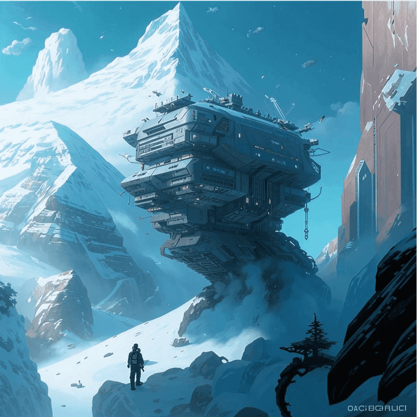 Иллюстрация в футуристическом стиле: заснеженная скала.