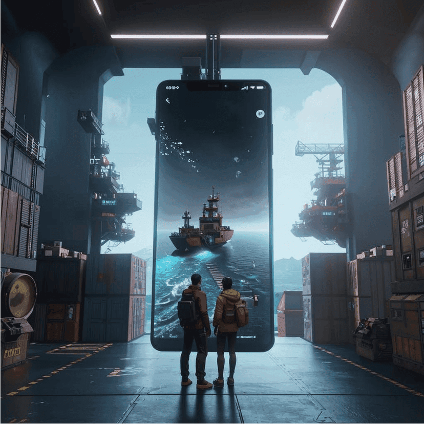 Иллюстрация в футуристическом стиле: люди пере огромным экраном смартфона.