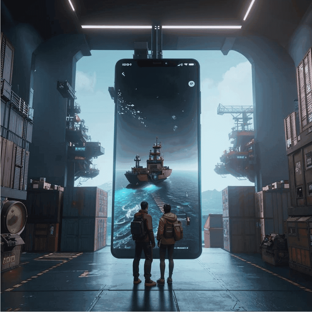 Иллюстрация в футуристическом стиле: люди перед огромным экраном смартфона.