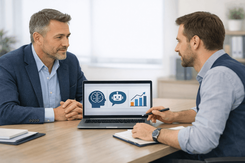 Два человека обсуждают внедрение ИИ в бизнес
