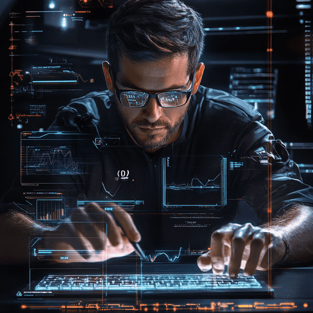 Программист-разработчик. Иллюстрация в футуристическом стиле. 