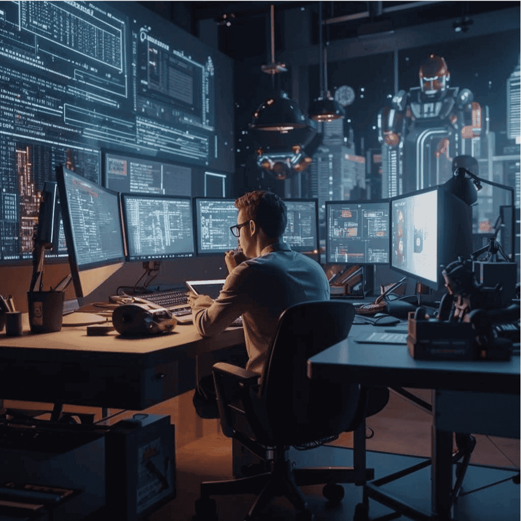 Иллюстрация в футуристическом стиле: разработчик за экранами компьютеров.
